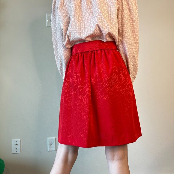 Vintage Red Jacquard Satin Mini Skirt w/Matching Belt 23" Stretch Waist - Picture 13 of 14
